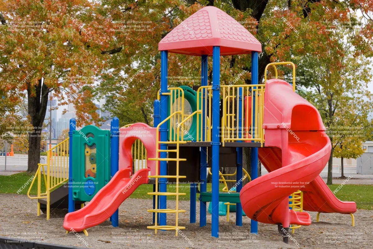 A vibrant playground featuring colorful slides and climbing walls set in a green park. The scene is filled with the joyful energy of children playing and interacting, evoking a sense of fun and family togetherness.